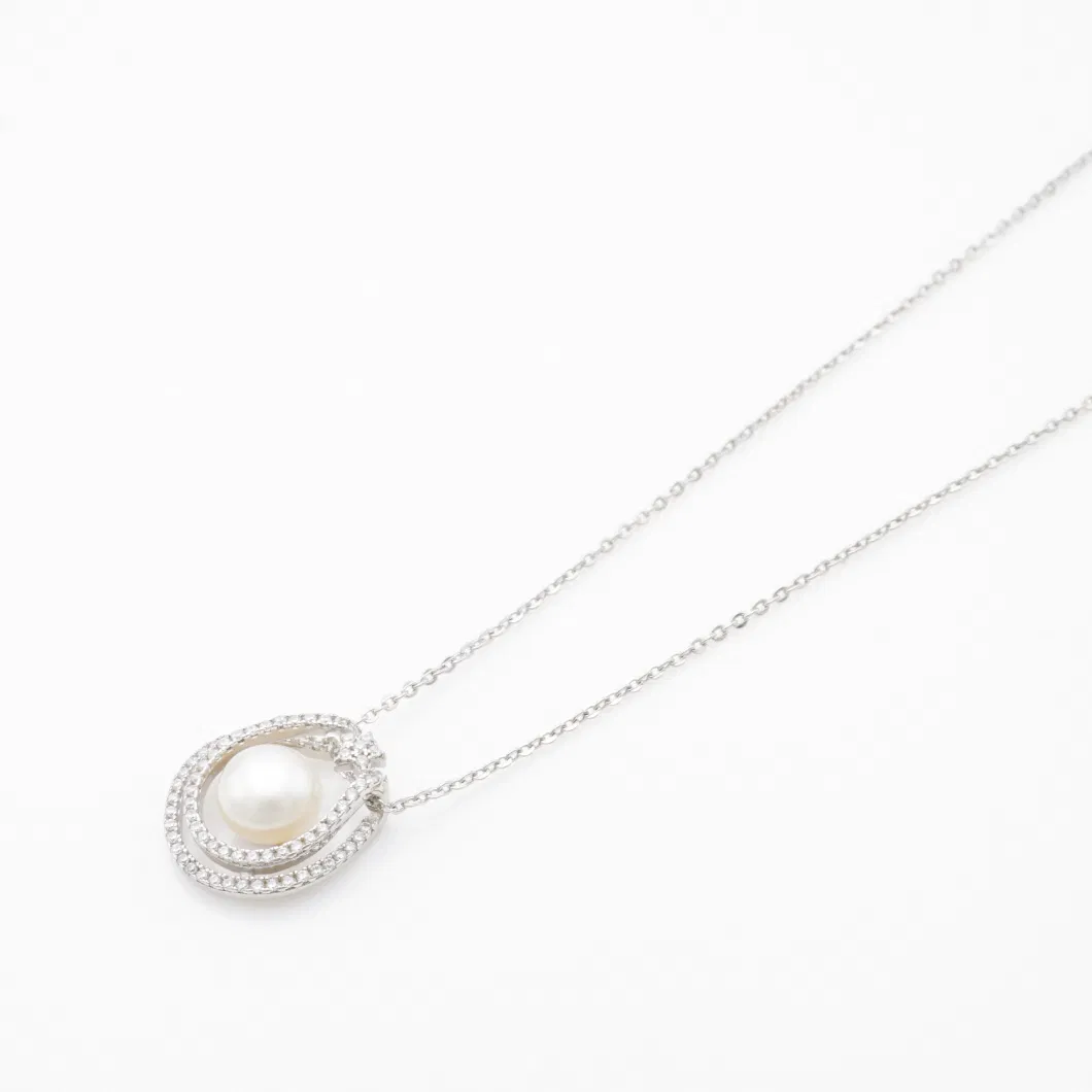 Design Simple Pretty Rhodium Fashion Silver Jewelry with Cubic Zirconia Pearl Necklace