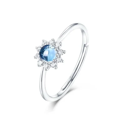 Anelli regolabili con topazio blu rotondo fiore per donna Anello di fidanzamento in argento sterling 925 con zirconi